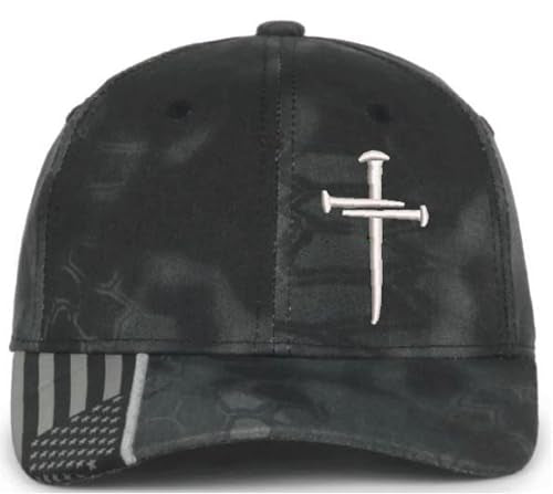 Christian Cross Baseball Cap, Religious Cross Design, Typhoon CAMO HAT Silver Embroidery Jesus Hat - Adjustable Buckle Back Hat. Free 4" Sacred Nails Faith Decal