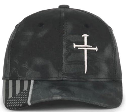 Christian Cross Baseball Cap, Religious Cross Design, Typhoon CAMO HAT Silver Embroidery Jesus Hat - Adjustable Buckle Back Hat. Free 4" Sacred Nails Faith Decal