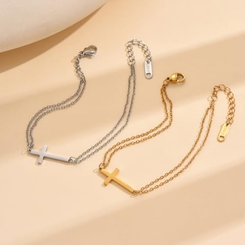 18K Gold Plated Pearl Beaded Cross Bracelets for Women Adjustable - color: Double O Cross-Gold