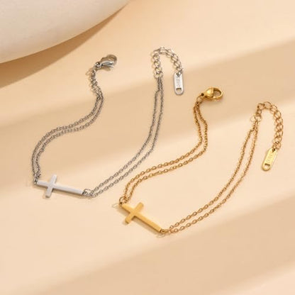 18K Gold Plated Pearl Beaded Cross Bracelets for Women Adjustable - color: Double O Cross-Gold