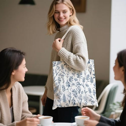 2 Pack Canvas Tote Bag with Makeup Zipper Pouch Colorful Polyester Printed Reusable Shopping Bags for Women - style: Blue Flower