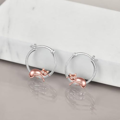 Fox/Pig/Mushroom/Cat Earrings Sterling Silver Cute Hoop Earrings Animal Jewelry Gifts for Women Daughter - style: cat