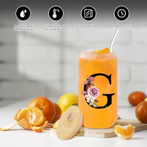 Monogrammed Glass Drinking Cup With Lid Straw Happy Birthday for Adult Men Women Who Have Everything Want Nothing Dad Mom Guy People Couples Parents Christmas Cool Funny Unique Special Gifts Present,G - style: Letter G