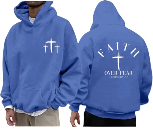 Men Faith Over Fear Christian Cross Graphic Pullover Hoodie - color: Blue, size: XX-Large