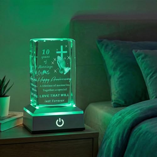 10th Wedding Anniversary Religious Crystal Gifts for Couples with LED Base Romantic 10 Years of Marriage Gift for Her Him, Laser Engraved Happy 10th Anniversary Keepsake Gifts for Wife Husband - color: 10TH Wedding Anniversary