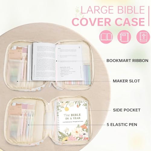 Bible Cover Set with Handle, Large Quilted Bible Bag for Women Girls, Bible Study Supplies Kit with Tabs, Pens, Sticky Notes, Study Planner & Scripture Cards, Christian Gifts for Devotional Journaling