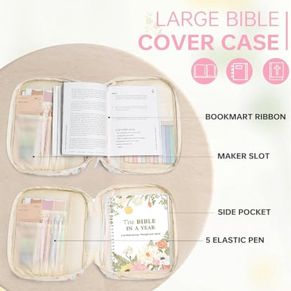 Bible Cover Set with Handle, Large Quilted Bible Bag for Women Girls, Bible Study Supplies Kit with Tabs, Pens, Sticky Notes, Study Planner & Scripture Cards, Christian Gifts for Devotional Journaling