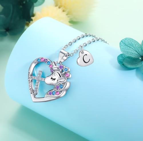Easter Basket Stuffers - Easter Gifts for Girls Kids,Cross Unicorn Necklaces with Initial for Teen Girls Kids Daughter Granddaughter Birthday Christian Religious Gifts 16+3 Inches - style: K