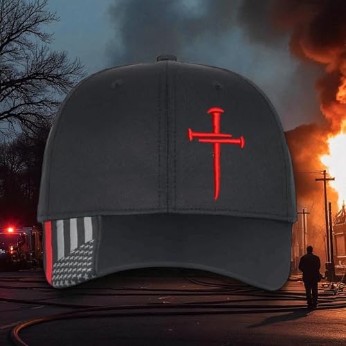 Christian Cross Baseball Cap, Religious Sacred Nails Design,Red Line Firefighter Flag with RED Cross Jesus Adjustable Hat with Free 4" Cross Window Decal