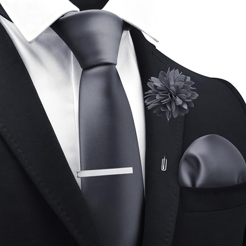 Branduce 3.15"（8cm） Mens Tie and Lapel Pin Solid Necktie Handkerchief Tie Clip Set for Men - color: Dark Grey