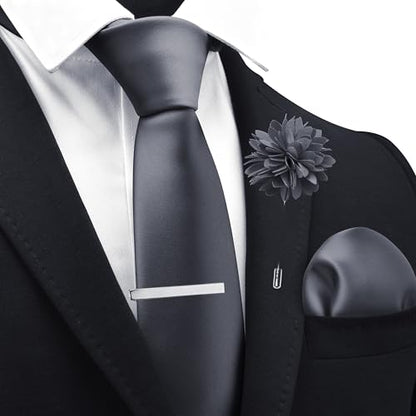 Branduce 3.15"（8cm） Mens Tie and Lapel Pin Solid Necktie Handkerchief Tie Clip Set for Men - color: Dark Grey