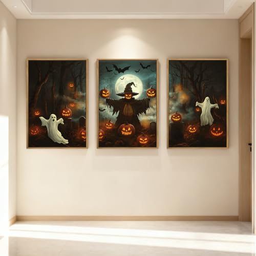 Anyzal Large Halloween Ghost Framed Wall Art 16x24 Inch Black Spooky Pumpkin Canvas Wall Decor Dark Moody Forest Artwork for Living Room Bedroom Dining Room Set of 3 - color: Dark Halloween, size: 24"L x 16"W