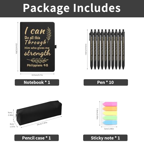 Christian Gift Set, Prayer Notebook and 10 Bible Pen Set with Sticky Notes & Pencil Case, Inspirational Christian Journaling Supplies, Faith Based Gifts for Women Men, Black - color: Black
