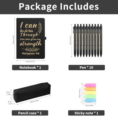 Christian Gift Set, Prayer Notebook and 10 Bible Pen Set with Sticky Notes & Pencil Case, Inspirational Christian Journaling Supplies, Faith Based Gifts for Women Men, Black - color: Black