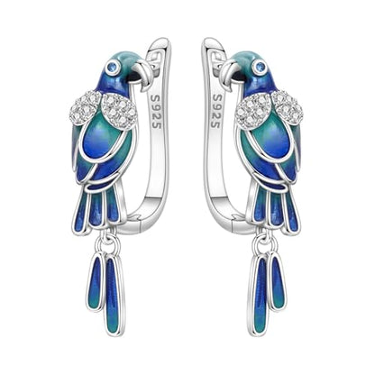 925 Sterling Silver Drop & Dangle Earrings for Women,Butterfly Dragonfly and Bee|Flower and leaf Earrings, Suitable for Sensitive Ears Fashion Jewelry Gift- Hypoallergenic Earrings - color: Blue green parrot