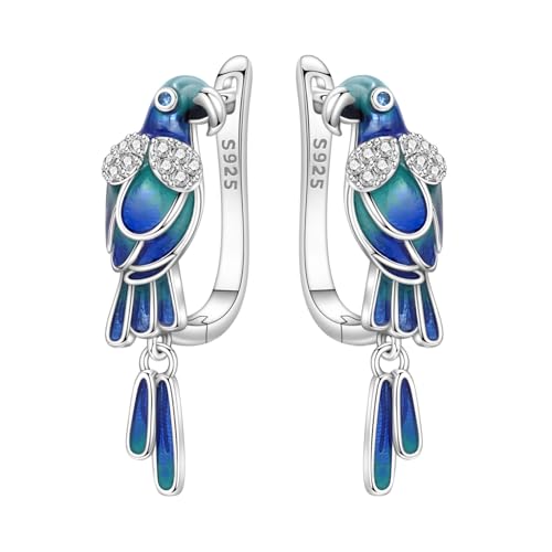 925 Sterling Silver Drop & Dangle Earrings for Women,Butterfly Dragonfly and Bee|Flower and leaf Earrings, Suitable for Sensitive Ears Fashion Jewelry Gift- Hypoallergenic Earrings - color: Blue green parrot