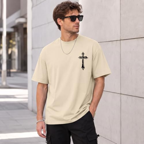BINTEHGS Men's Christian Faith T-Shirts Inspirational Bible Verse Shirt Cross Oversized Tshirts for Men Jesus Graphic Tees - color: Apricot, size: Large