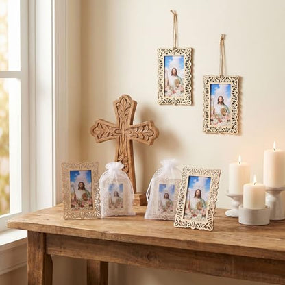 12 Pcs Catholic Saint Jude Wooden Picture Frames with Gift Bags, Baptism Favors for Christening Memorial, Catholic Gifts, First Communion (Rectangle)