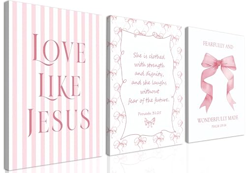 Coquette Pink Bow Wall Art Set of 3, Light Pink Christian Wall Decor Pictures, Jesus Verses Bible Canvas Posters Paintings Preppy Prints for Teen Girls Dorm 12 Year Old Girl Room 12x16 Inch Framed - color: Jesus Bow, size: 16"L x 12"W