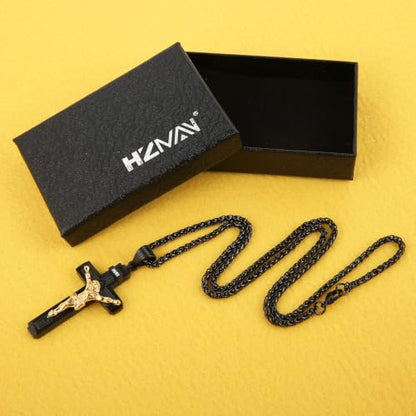 HZMAN Catholic Jesus Christ INRI Cross Crucifix Pendant Necklace for Men - color: Black