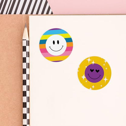 Retro Smiley Face Stickers / 500 Colorful Round Labels Roll / 1.5" Circle Happy Face Sticker / 8 Nostalgic Y2K Bright Designs/Made in The USA - color: Retro Smiley Face