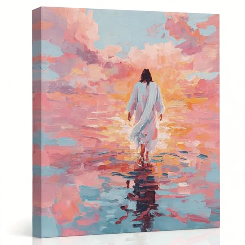 RTVJTERQ Christian Canvas Wall Art, Jesus Walking On Water At Sunset Oil Painting, Religious Spiritual Wall Decor for Living Room Bedroom Prayer Room 8x10 Inch - color: Patriotic 16