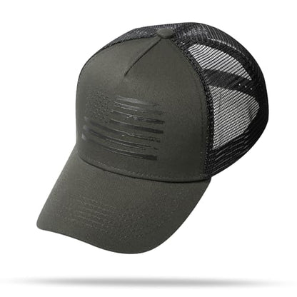 Baseball Cap, American Flag Trucker Hat for Men Women, Breathable Adjustable Fit Outdoor Mesh Snapback Hats - color: Olive/Black Flag