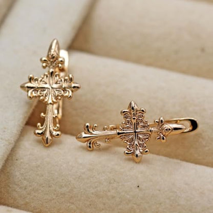18K Gold Plated, Dangle Earrings for Women, Flower/Heart Drop earrings, Hypoallergenic Cubic Zirconia Earrings, Lightweight, Party, gold earrings, Jewelry for Gifts, Fashion - style: OBS7528-FlowerCross