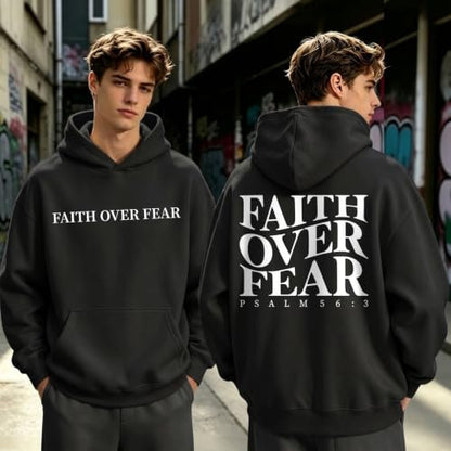 Faith Over Fear Christian Hoodies for Men Religious Jesus Hoodie Bible Verse Graphic Sweatshirt Fleece Pullover - color: Black, size: Large