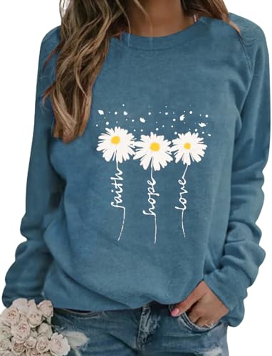 EADINVE Women Daisy Print Sweatshirts Crewneck Long Sleeve Pullover Tops - color: Dust Blue, size: XX-Large