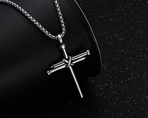 Men's Stainless Steel Nail Cross Pendant Necklace With 24 Inch Chain - color: Silver