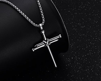 Men's Stainless Steel Nail Cross Pendant Necklace With 24 Inch Chain - color: Silver