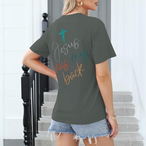 Tuislay Christian Shirts for Women Jesus Has My Back Tshirt God Bible Verse Shirt Faith Cross T Shirts Inspirational Tees Top - color: Deep Gray, size: Medium
