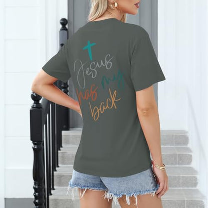 Tuislay Christian Shirts for Women Jesus Has My Back Tshirt God Bible Verse Shirt Faith Cross T Shirts Inspirational Tees Top - color: Deep Gray, size: Medium