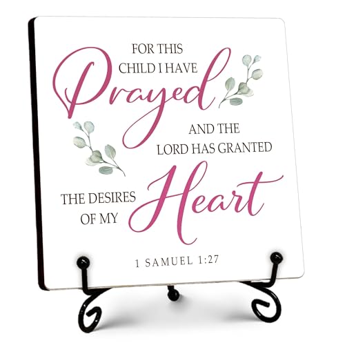 Baptism Decorations for Girls, For This Child We Have Prayed Sign, Bible Verse Small Decor for Shelves Nursery Kids Room Bedroom, Christian Baby Gifts, Baby Girl Nursery Decor-5''x5'' - color: pink