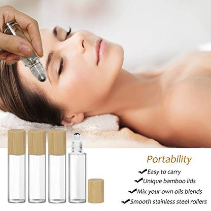 Glass Roll On Bottle with Bamboo Lid for Essential Oils 12Pcs - color: 12Pcs 15ml Clear