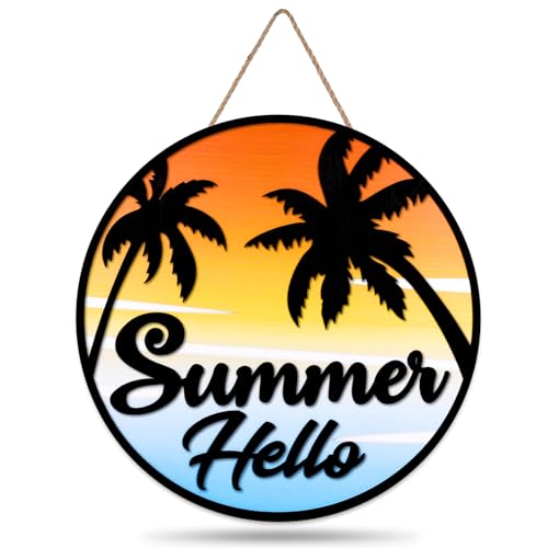 JarThenaAMCS Hello Summer Welcome Door Sign 3D Hawaiian Coconut Tree Seaside Sunset Front Door Hanger for Summer Pool Farmhouse Home Porch Window Decor - style: Summer Sunset