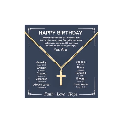 Small Cross Necklace for Boys Baptism Christmas Confirmation Valentines Easter Birthday Gifts to Teens Son Grandson Nephew - color: gold, style: Happy Birthday
