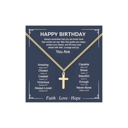 Small Cross Necklace for Boys Baptism Christmas Confirmation Valentines Easter Birthday Gifts to Teens Son Grandson Nephew - color: gold, style: Happy Birthday