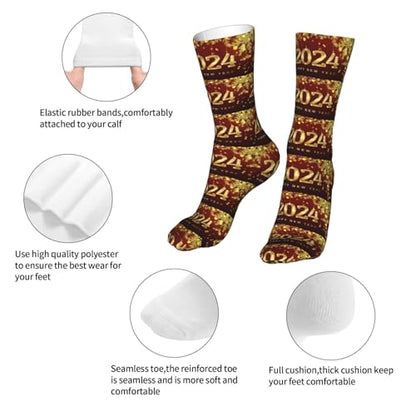 Happy New Year 2024 Unisex Sports Socks - Winter Casual Dress Fashion Socks - color: Happy New Year 2024 Glitter Pattern