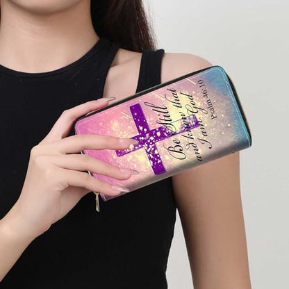 Christian Cross Bible Verse Psalm 46:10 Print Wallet for Women Large Capacity Wallet Credit Card Holder PU Leather Zipper Clutch Purse Phone Wallet - color: Christian Cross Bible Verse Psalm 46:10