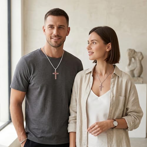 MRENITE Silver Natural Stone Cross Necklace, Classic Latin Cross Pendant Necklace for Unisex Women Man, Vintage Crystal Quartz Cross Necklace with 20+2 Inches Adjustable Cuban Chain - style: Red Sandstone