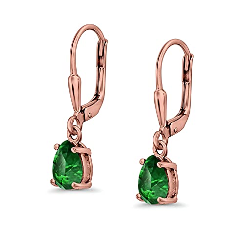 Teardrop Bridal Dangling Leverback Earrings Pear Cubic Zirconia 925 Sterling Silver - color: Rose Tone, Simulated Green Emerald CZ