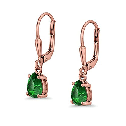 Teardrop Bridal Dangling Leverback Earrings Pear Cubic Zirconia 925 Sterling Silver - color: Rose Tone, Simulated Green Emerald CZ
