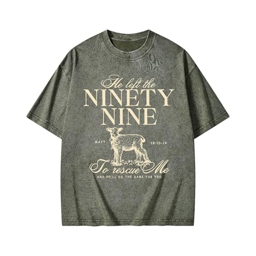 Christian Oversized T Shirt for Men Women - Lost Sheep Psalm 99 Faith Graphic Tees Vintage Washed Cotton Religious Jesus Gift - color: Army Green, size: Small