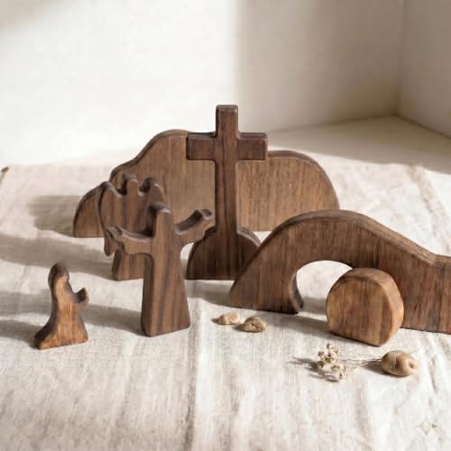 Wooden Empty Tomb Easter Scene Cross Decoration, 7-Piece Jesus Resurrection Nativity Set, Religious Christian Tabletop Decor for Home Office Church