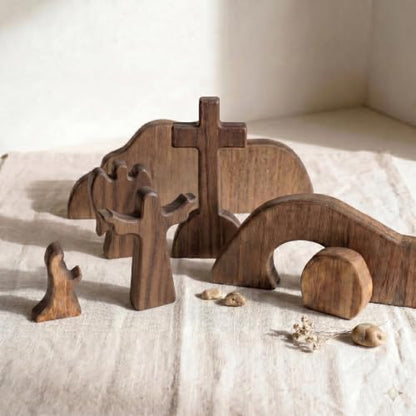 Wooden Empty Tomb Easter Scene Cross Decoration, 7-Piece Jesus Resurrection Nativity Set, Religious Christian Tabletop Decor for Home Office Church