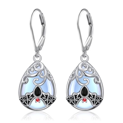 925 Sterling Silver Filigree Dangle Drop Leverback Teardrop Earrings - color: bat moonstone