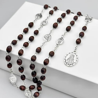 Seven Sorrows of Mary Rosary Wooden Beads Catholic Jewelry Necklace for Pray - color: Brown