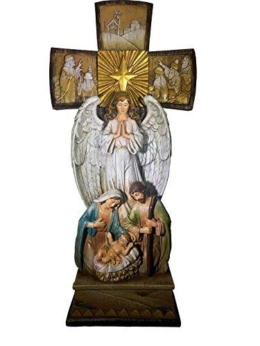 Christian Brands Beautiful Christmas 14" H Tabletop Nativity Cross. One Piece Nativity Set with Figures of The Holy Family and and Holy Spirit Angel and Detailed Carvings of Three Kings, Shepherds